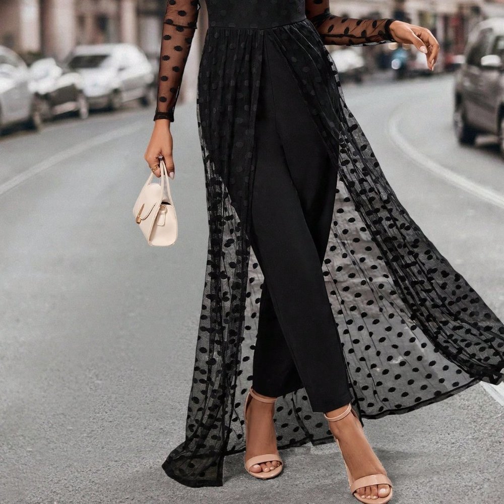 Black Preppy Women's Patchwork Mesh Wide Leg Jumpsuit - Picture 3 of 5